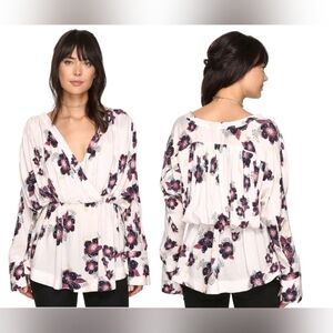 Free People Tuscan Dreams Tunic Floral Print White Long Sleeve Top Size M